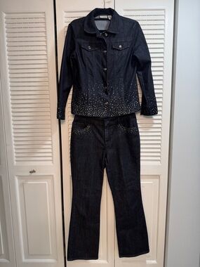 Chico's Platinum Indigo Shimmer Denim Jacket And Matching Jean